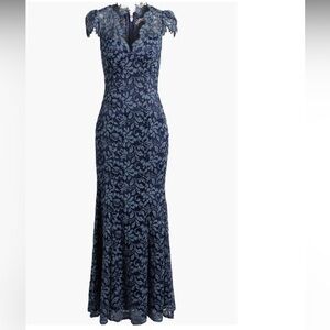 Eliza j Illusion lace Cap Sleeve floor length Gown denim blue size M
